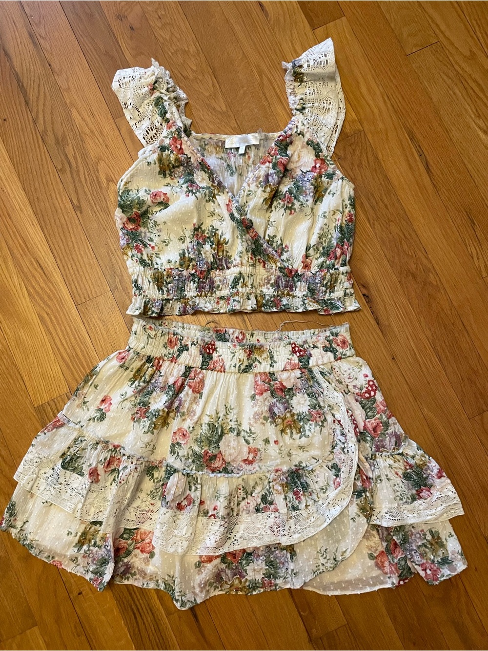 LoveShackFancy Cream Floral Ruffle Two-Piece Set, Skirt and crop top are size sm